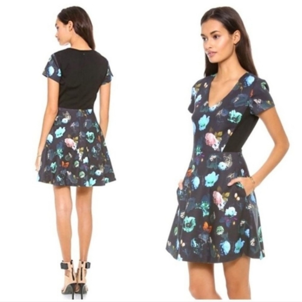 CLUB MONACO Black Aurelie Floral Fit & Flare Mini Dress Women's Size 4